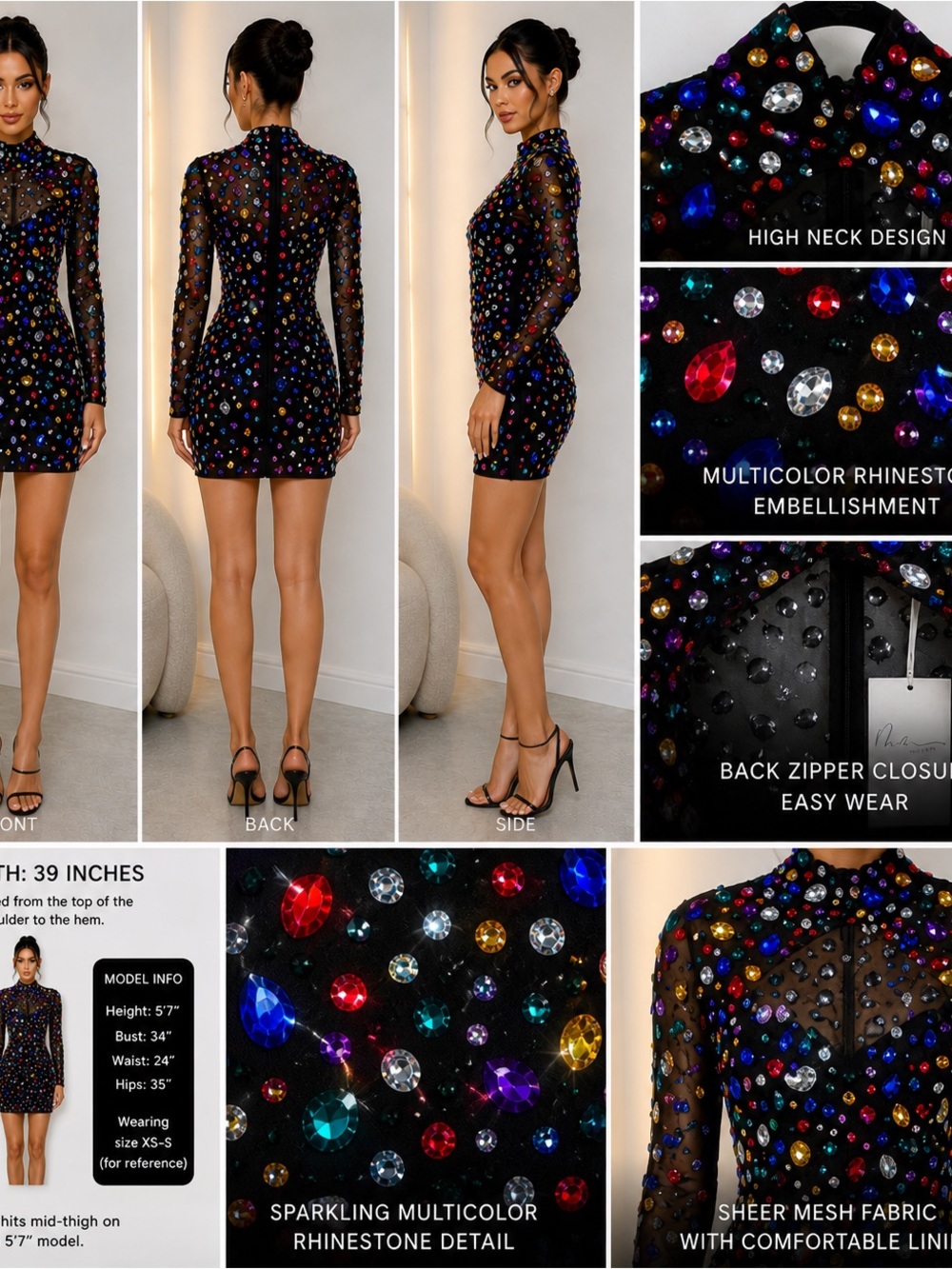 Black High-Neck Mini Dress with Multicolor Rhinestones Mew Mews  NWT
